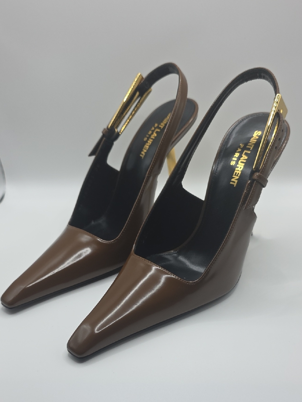 Saint Laurent Brown Patent Leather Slingback Heels with Gold Accent